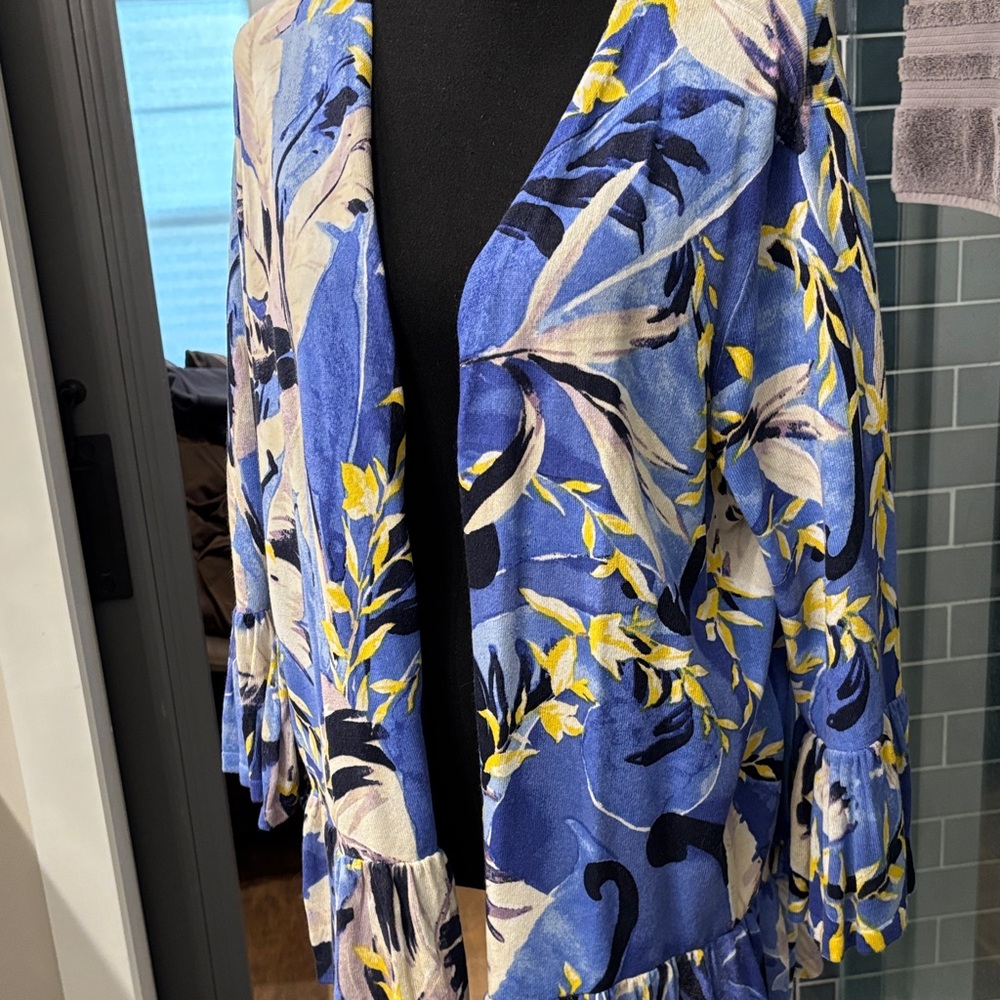 Chico's Blue Yellow Floral Open Cardigan